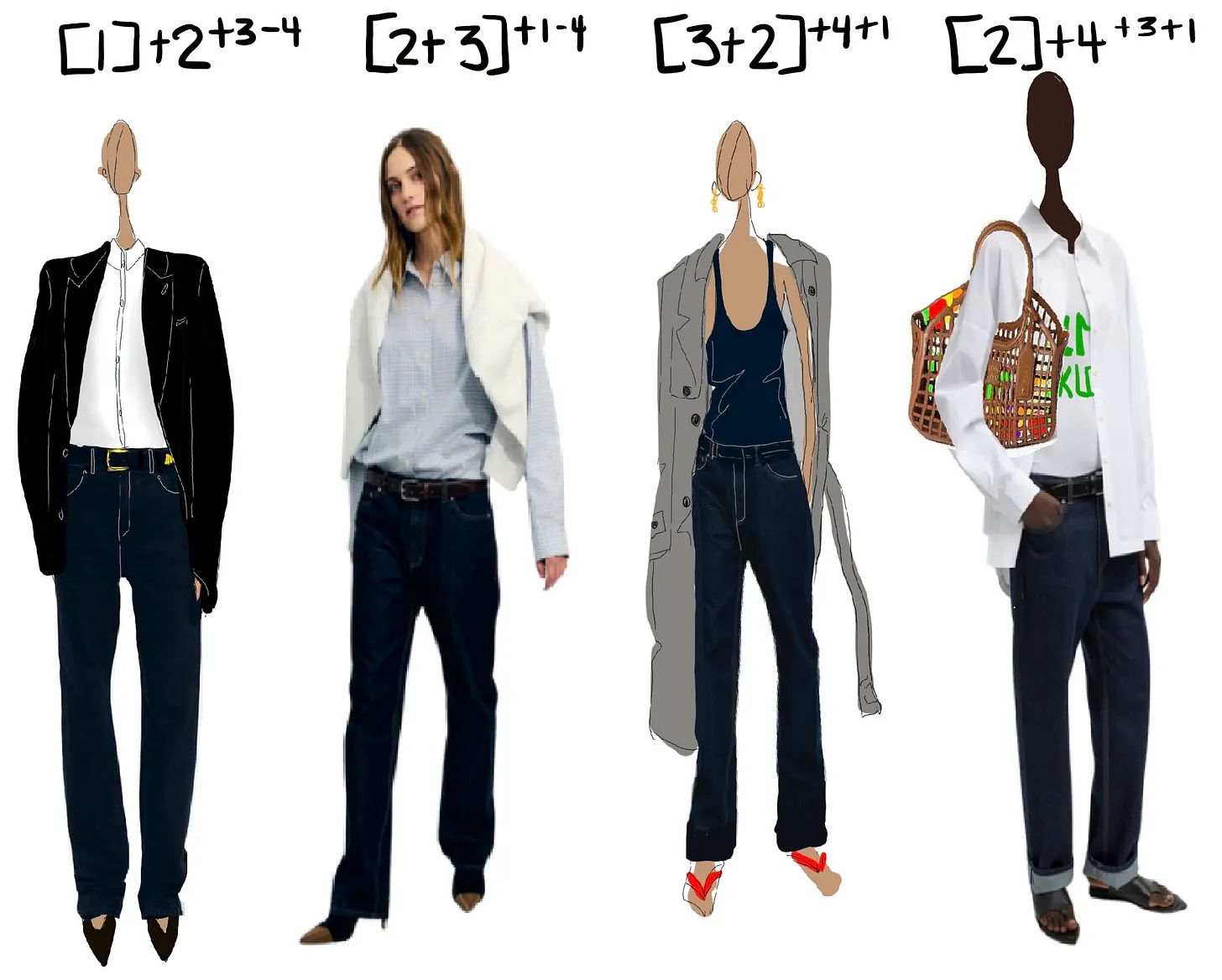 Four fashion models wearing various outfits and jeans.