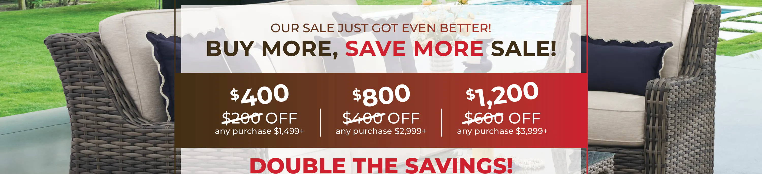 Promotional banner for furniture sale with discount details and savings message.