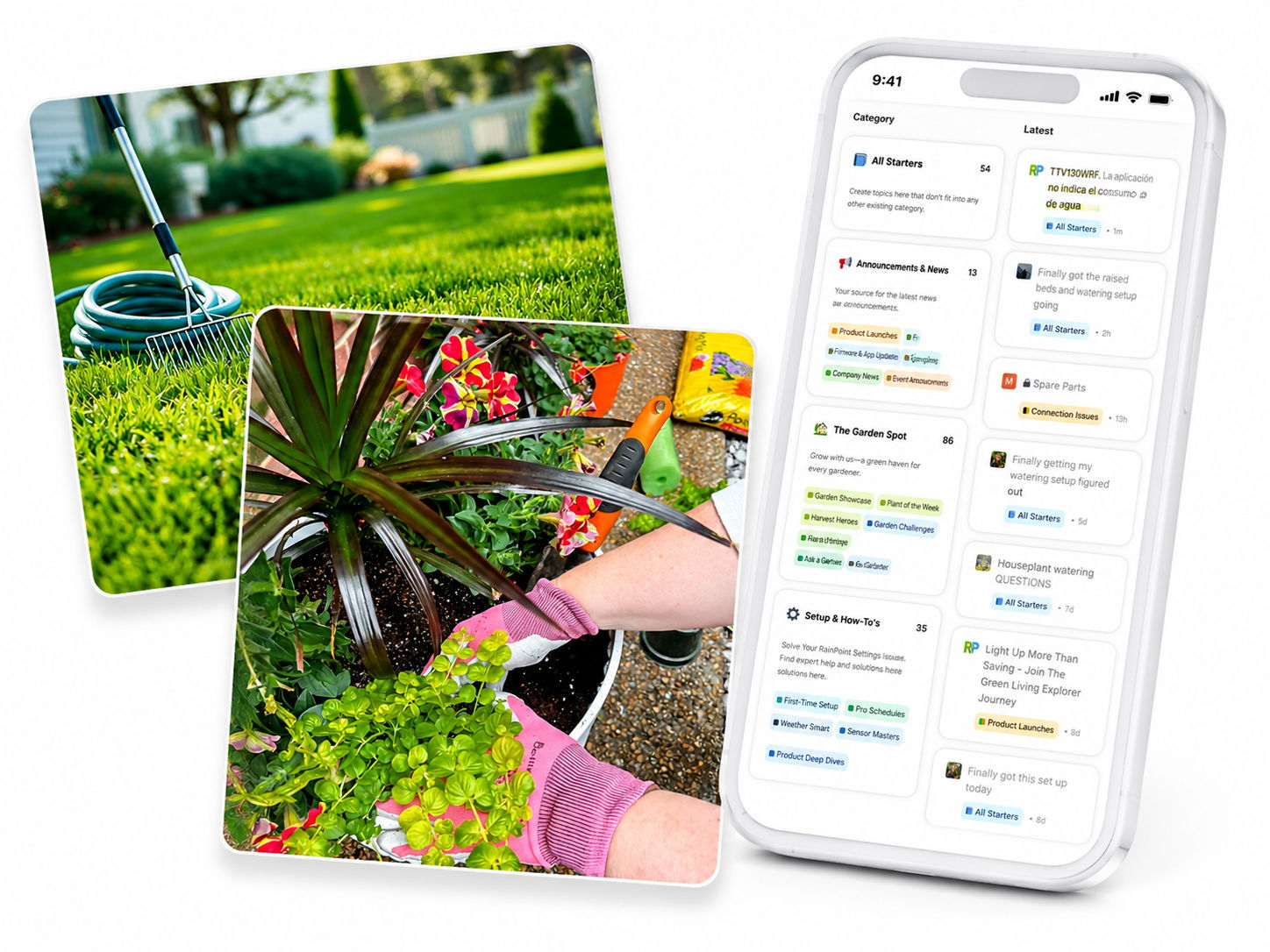 Gardening images with a smartphone displaying a task list.