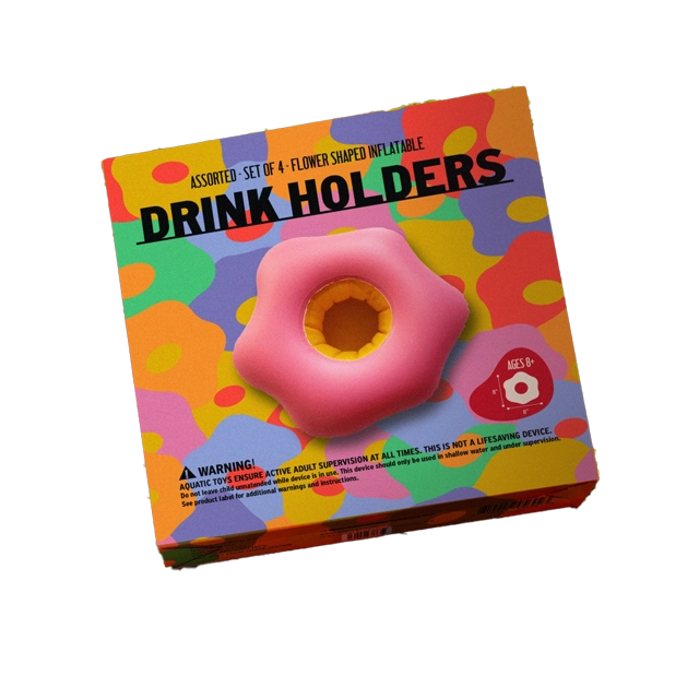 Colorful box of donut-shaped drink holders on a vibrant background.