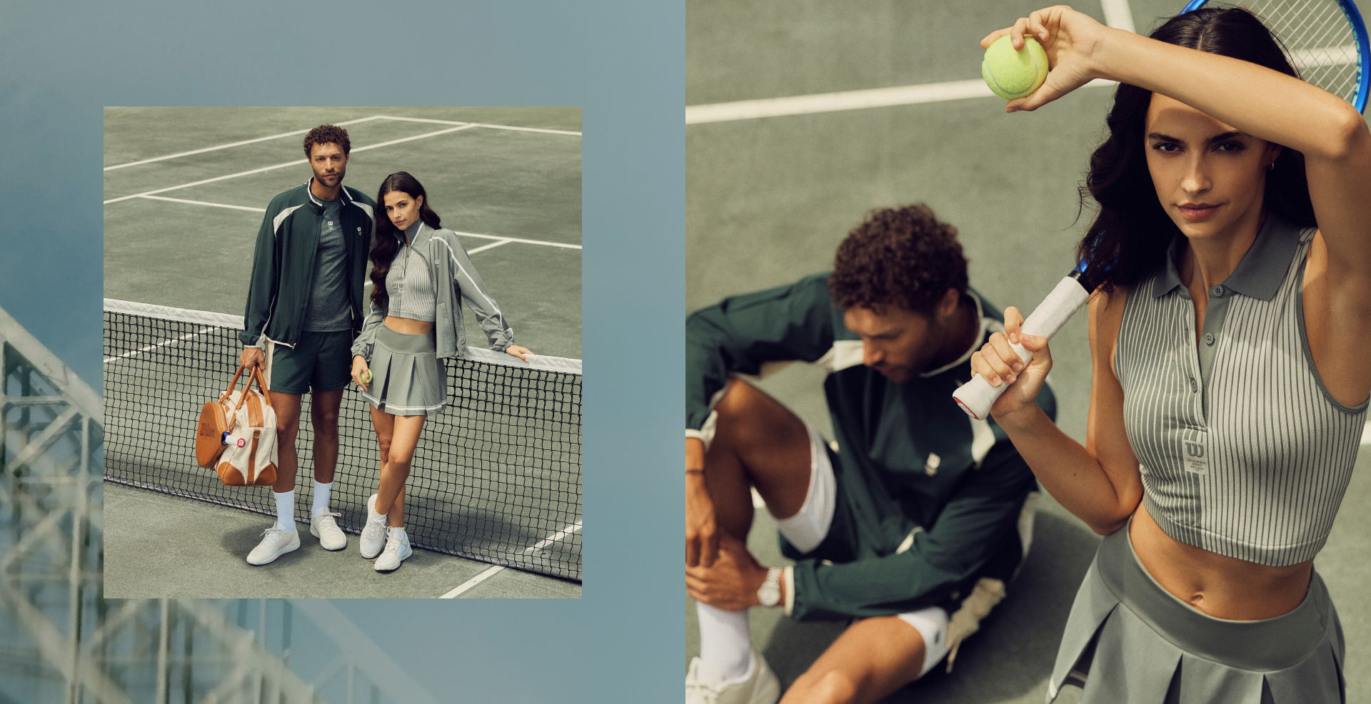 Two people on a tennis court, one holding a tennis racket.