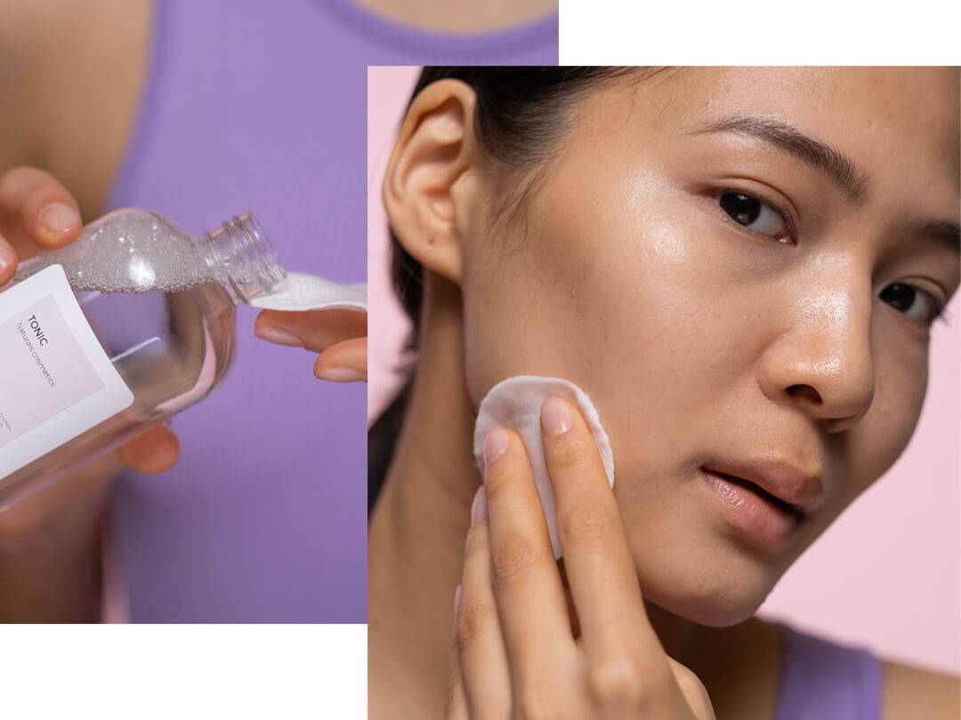 Alcohol in cosmetics: Woman cleans face with alcohol-containing facial toner