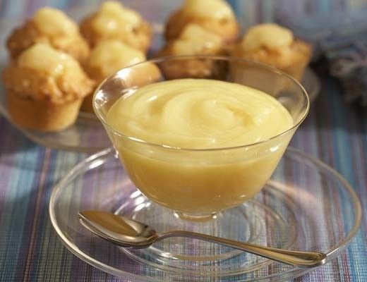 A bowl of yellow pudding with muffins in the background.
