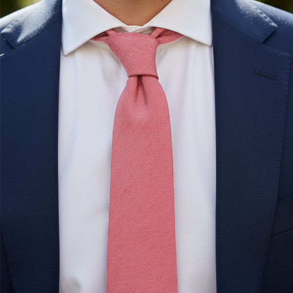 Closeup of a man wearing a red textured tie with a casual navy blue suit