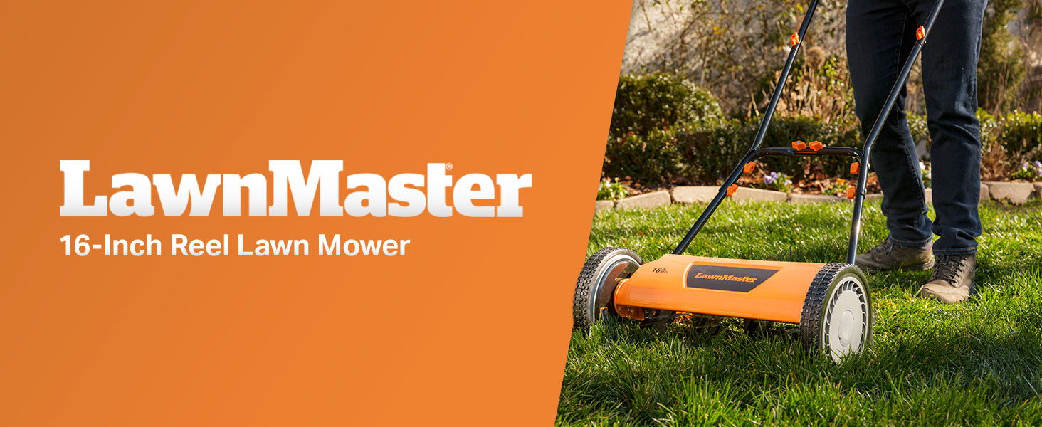 LawnMaster 16-inch reel lawn mower on green grass.