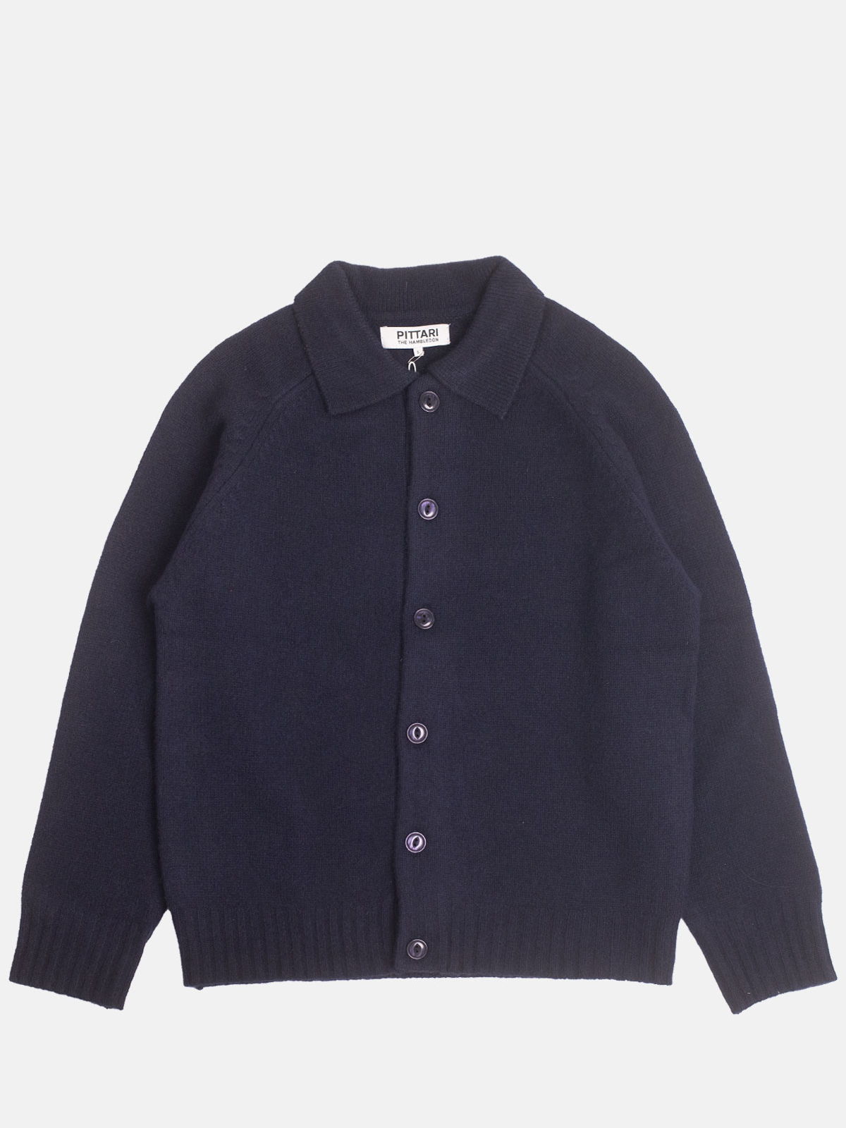 Dark navy button-up cardigan with a collar and pockets.