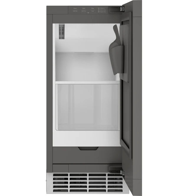 Modern refrigerator with an open door and empty interior shelves.
