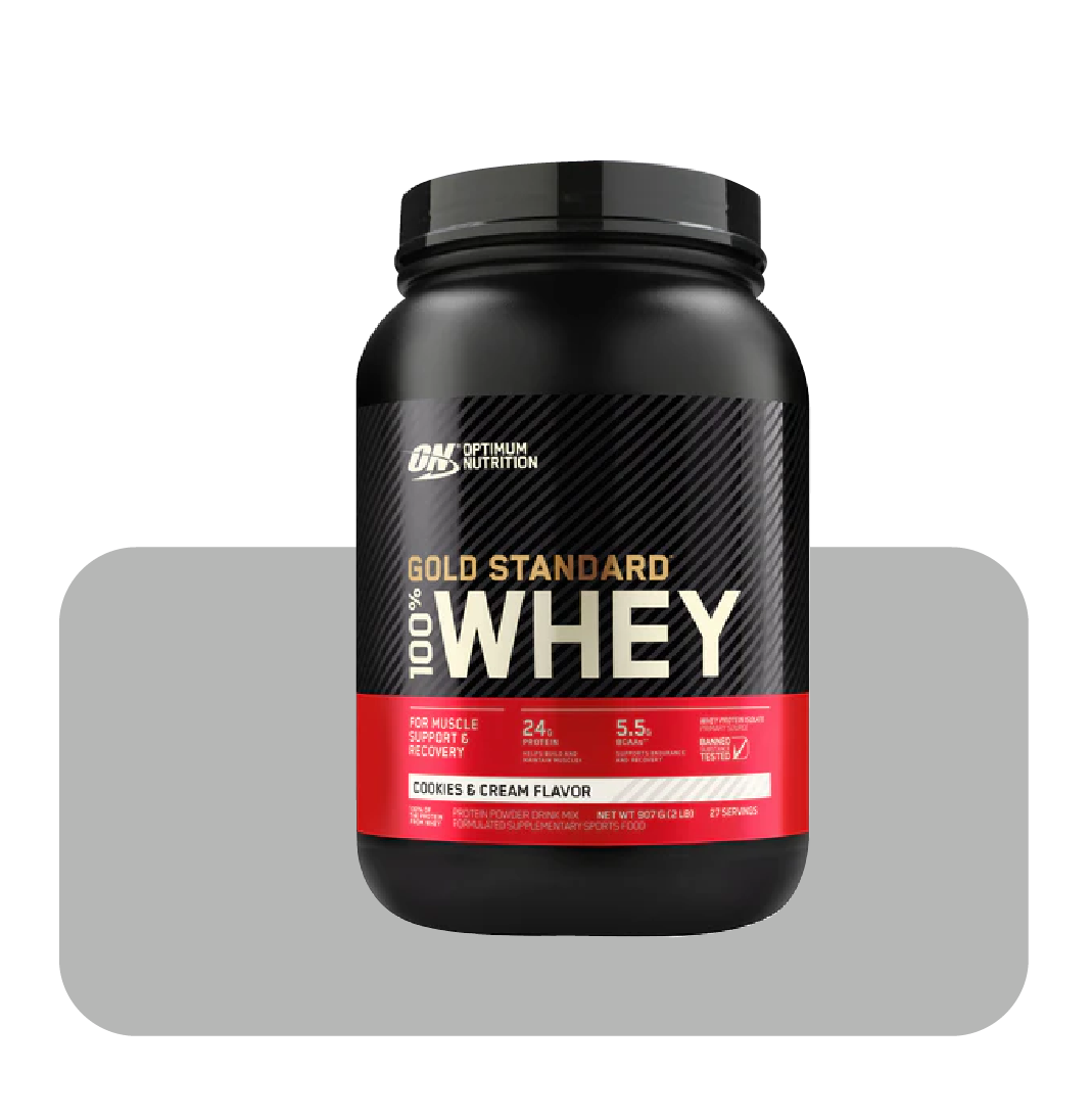Container of Gold Standard Whey protein powder with nutritional information.