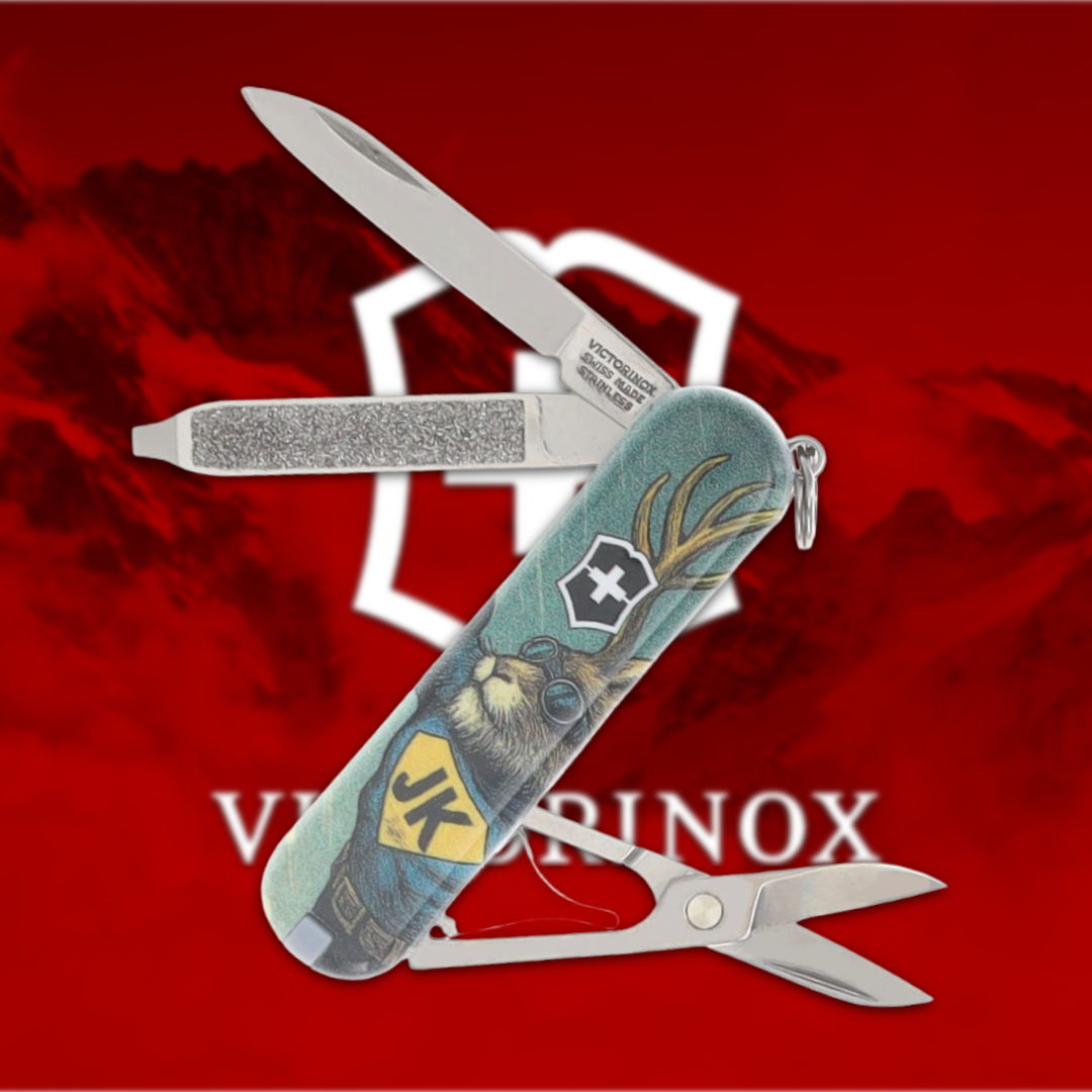 A Swiss Army knife with a colorful design against a red background.