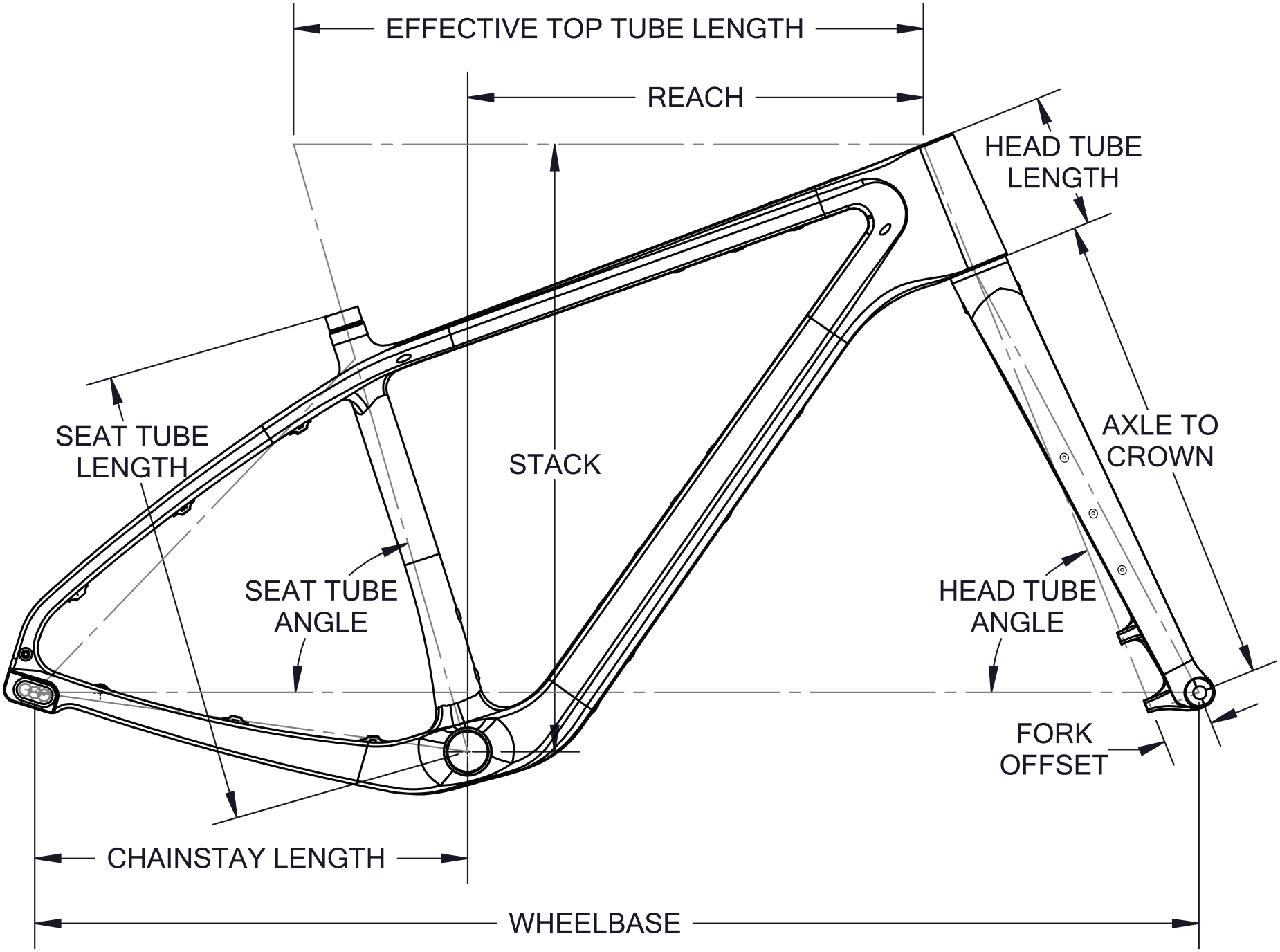 CAD illustration of Otso Voytek 2 frame and forks with labels of frame geometry dimensions.