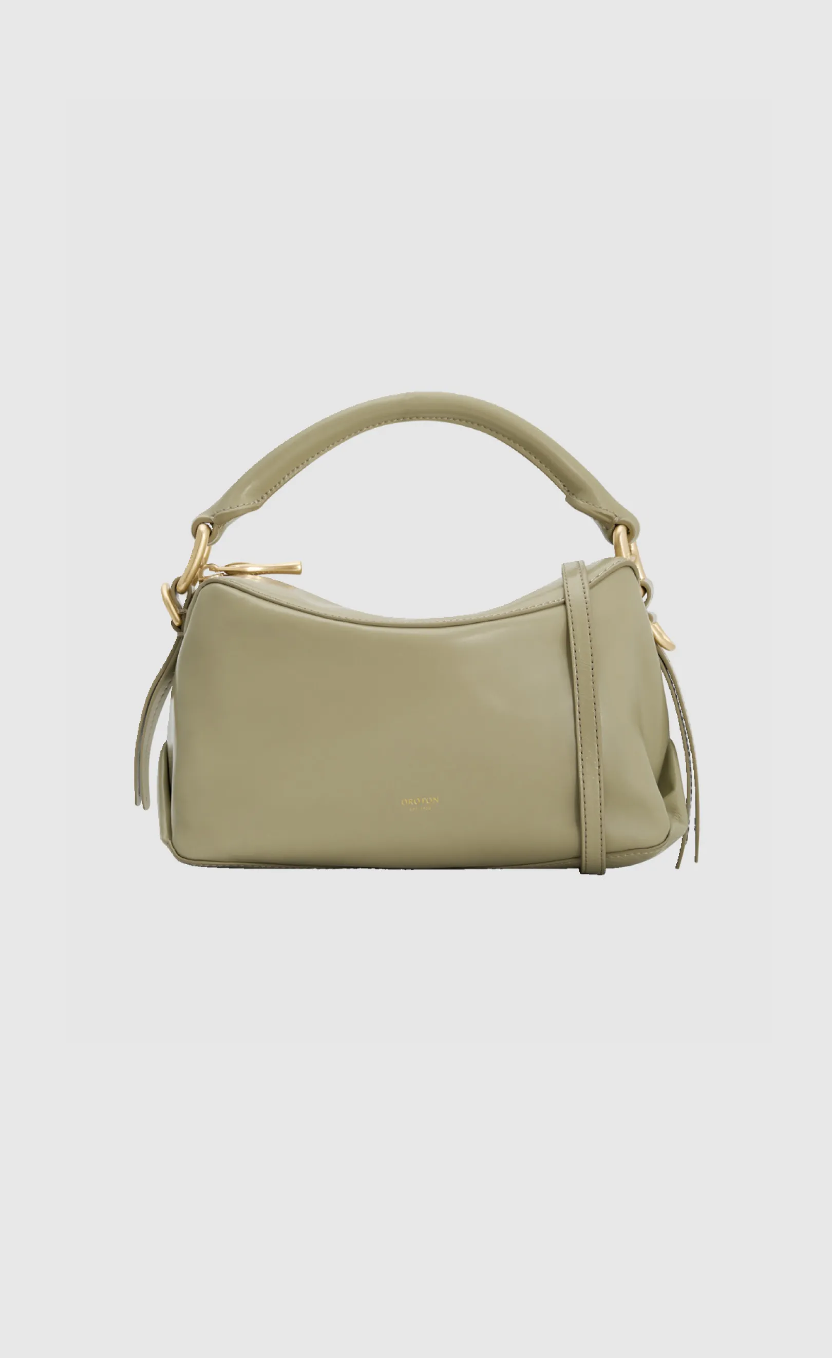 A small olive green handbag with a curved handle and gold accents.