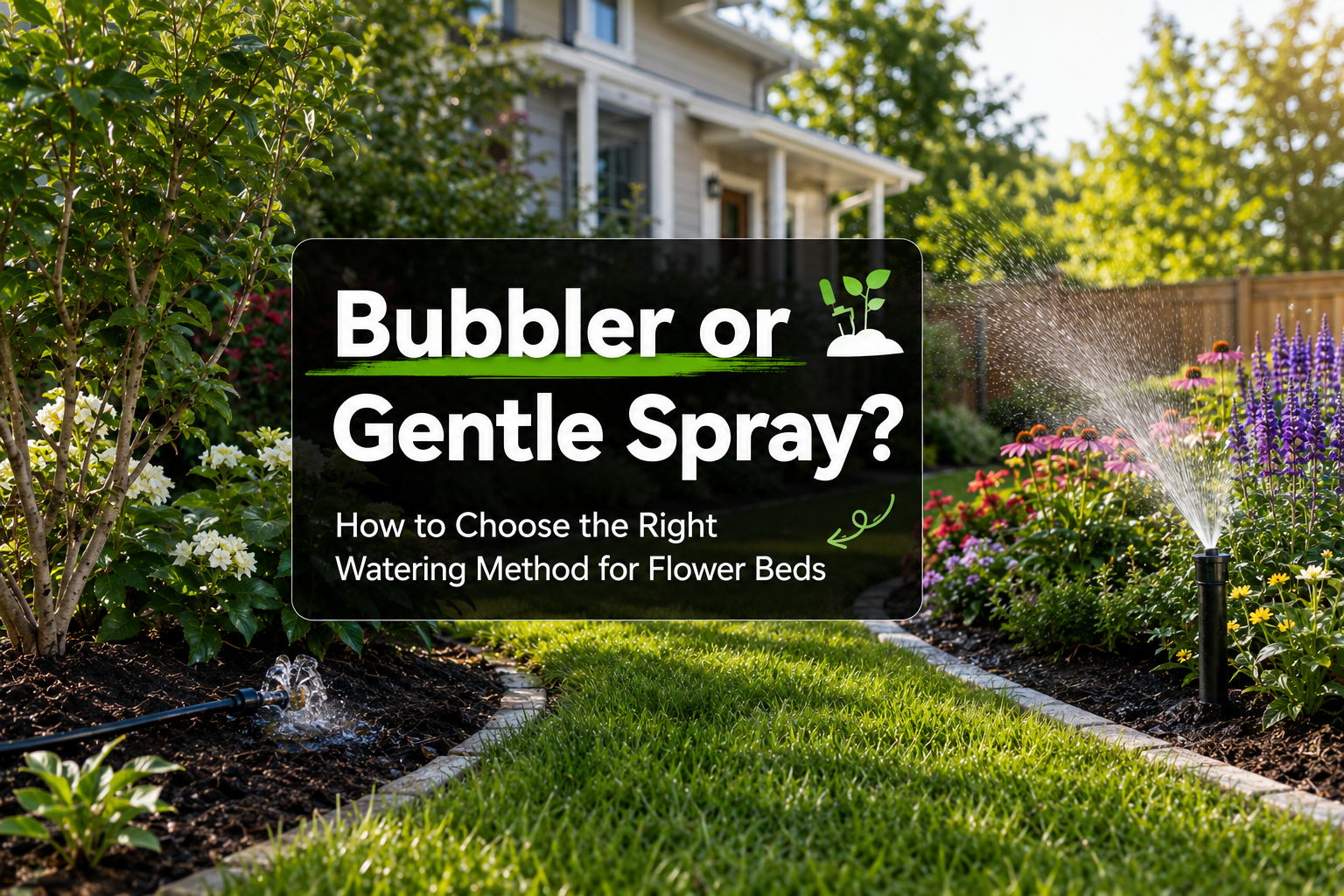 Garden scene with text about watering methods for flower beds.