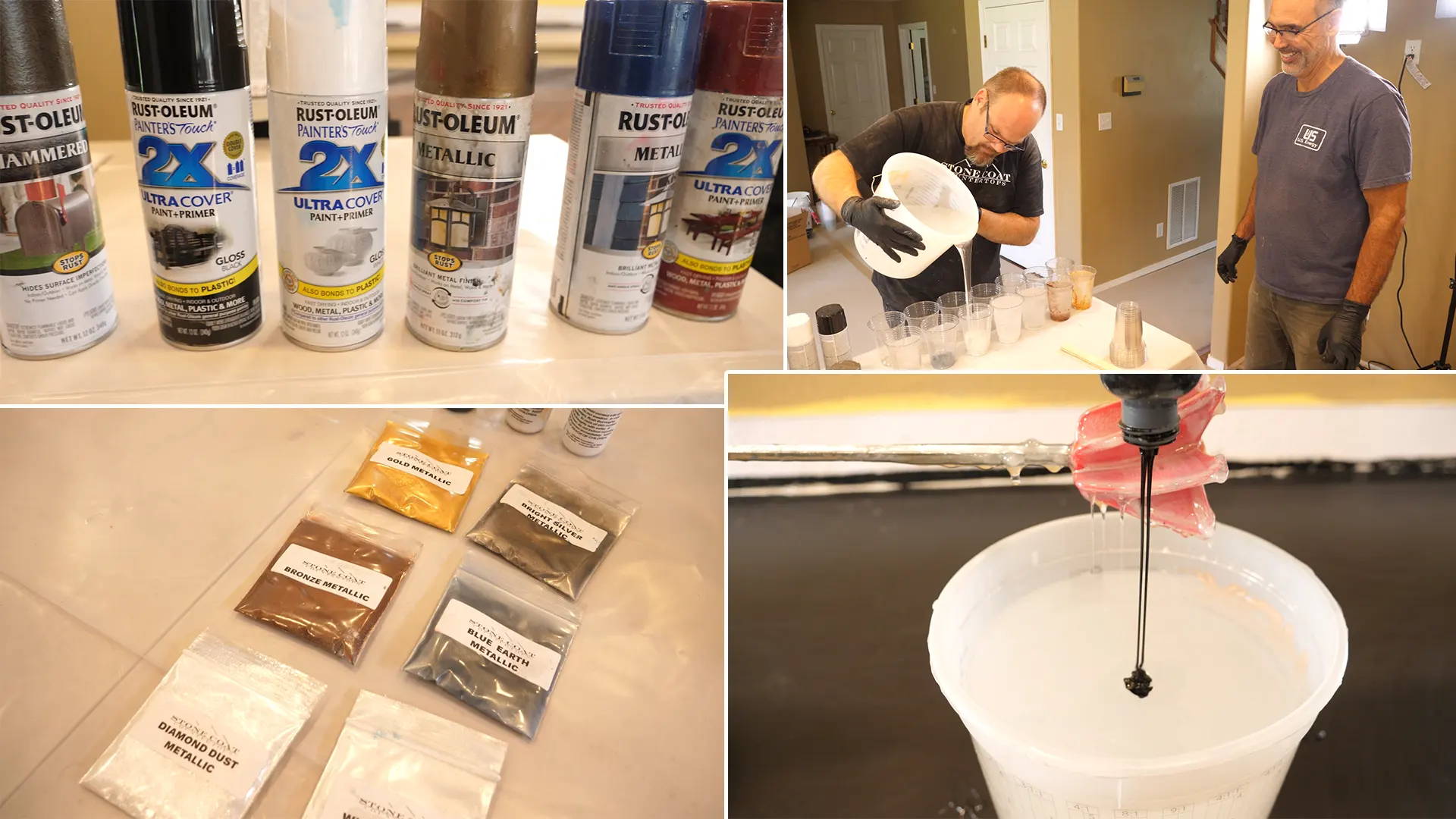 Tinting epoxy with colors: Pour epoxy into separate cups for each color and add spray paint, metallic powder, or liquid epoxy dye as needed.