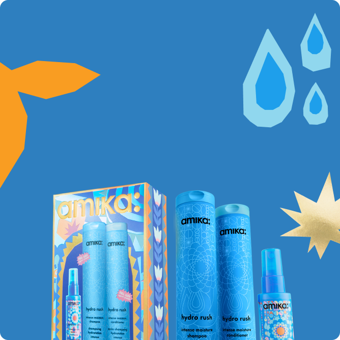 Blue background with hair care products and decorative shapes.