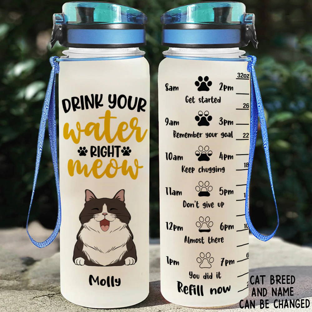 DRINK YOUR WATER RIGHT MEOW - PERSONALIZED CUSTOM WATER TRACKER BOTTLE