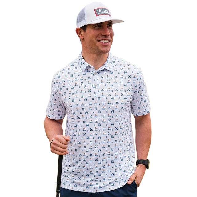 Man in a patterned polo shirt and hat, holding a golf club.