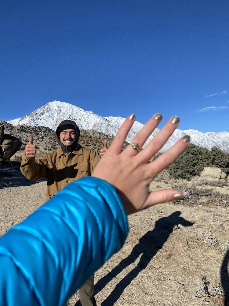 engaged couples in mountains, ca