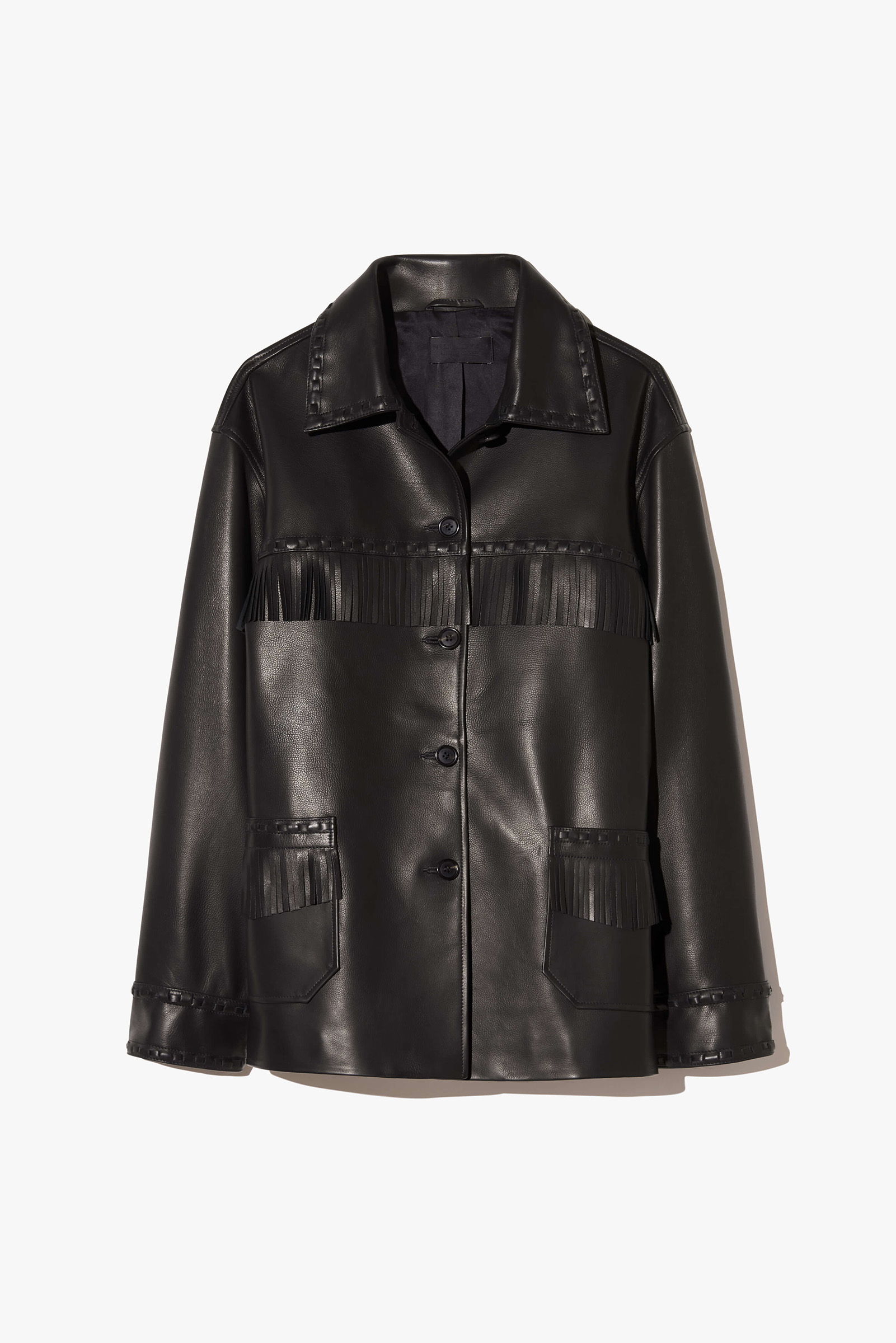 Black leather jacket with a button-up front and multiple pockets.