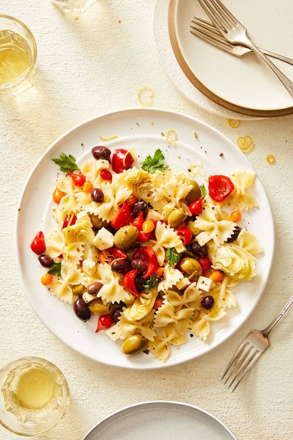 Farfalle pasta salad with olives, artichokes and more
