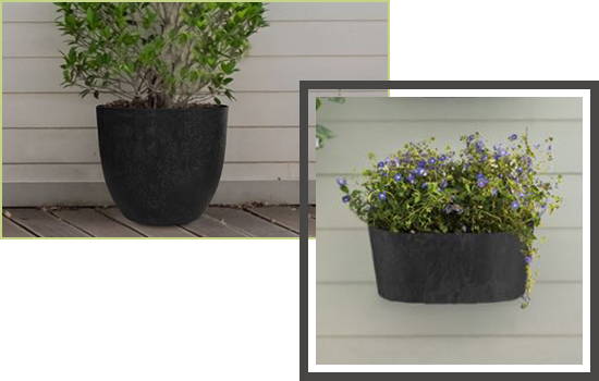 A black fiji round planter and a black ella wall pot