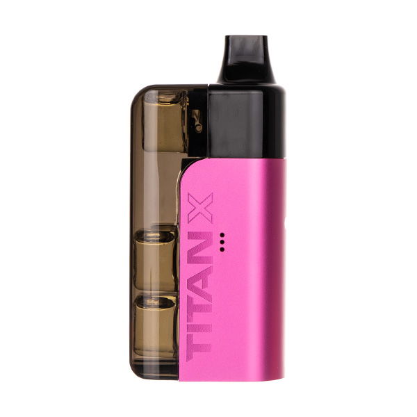 A picture of a pink and black vape Titan X device with a transparent tank.