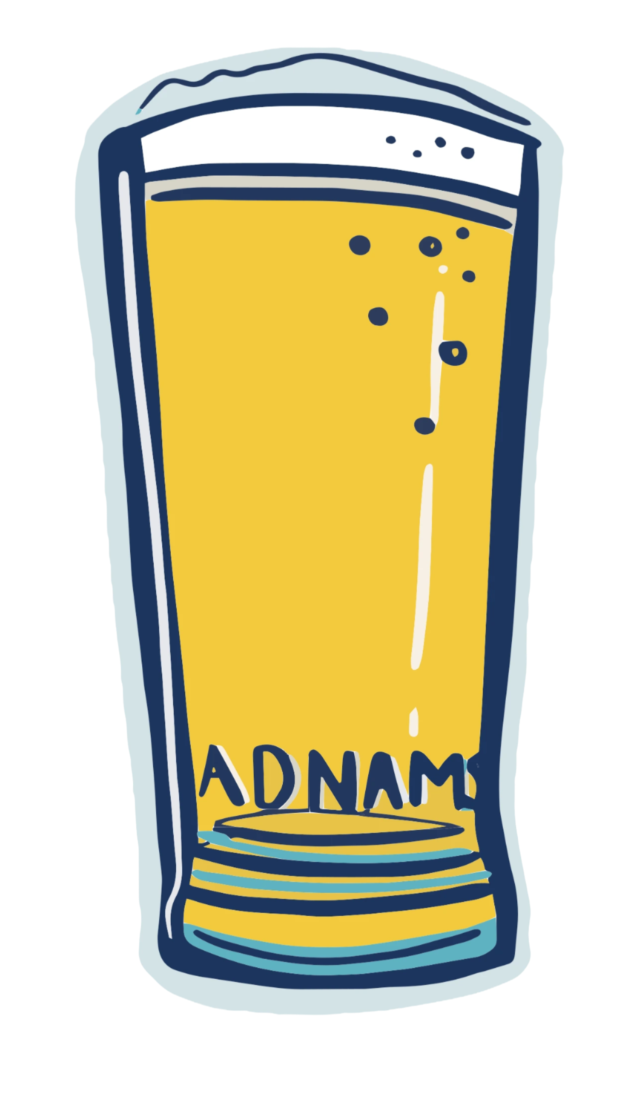 A glass of yellow beer with bubbles, labeled