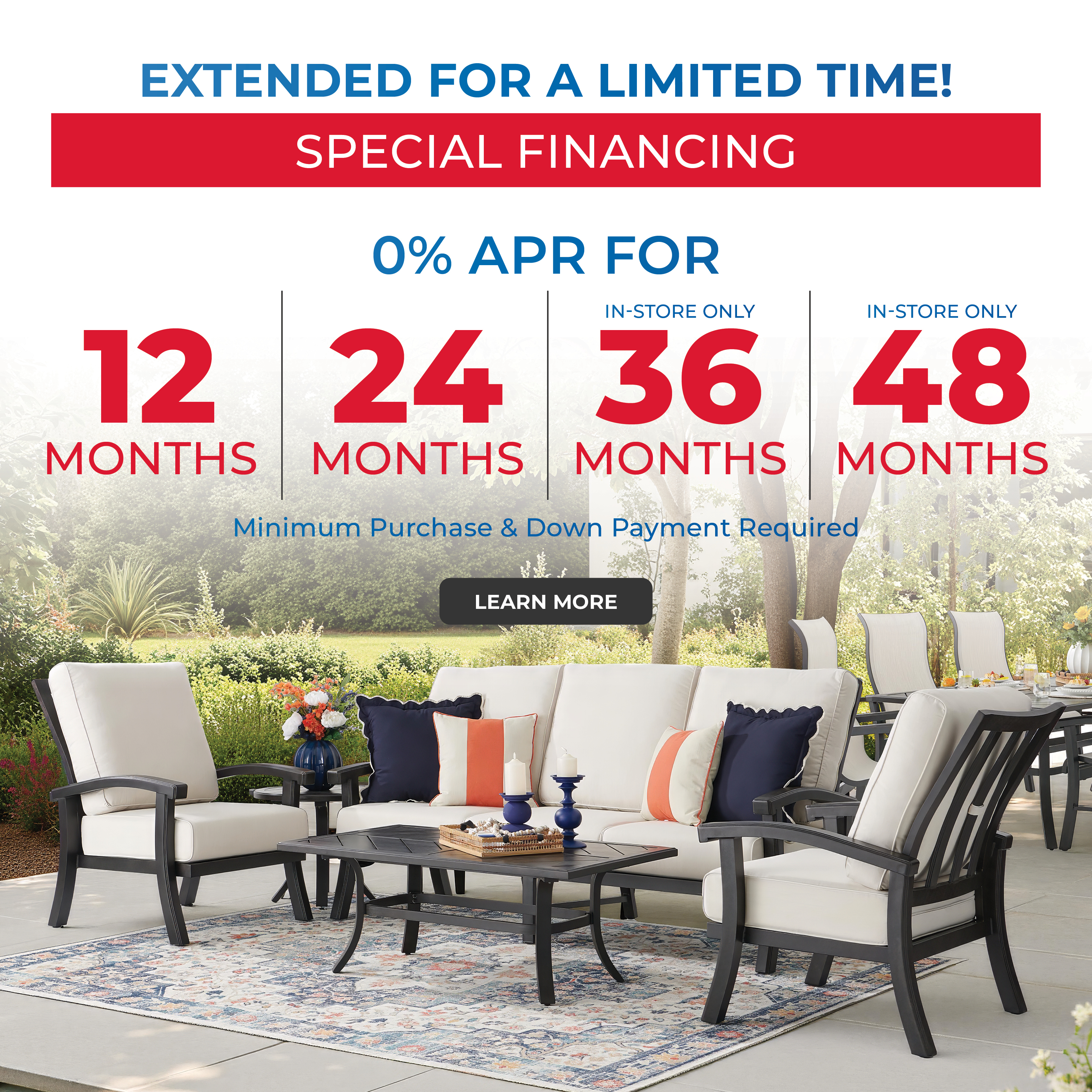 Promotional image for special financing options on outdoor furniture.