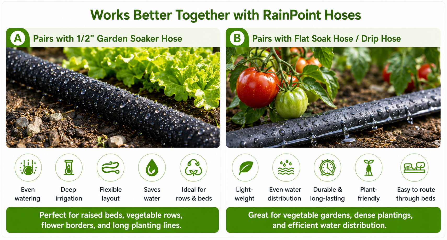 Image comparing RainPoint hoses for gardening efficiency and water distribution.