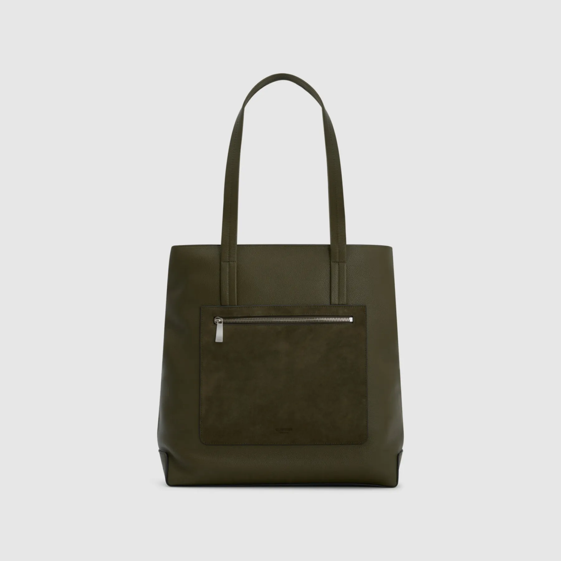 A dark green tote bag with two handles and a front zipper pocket.