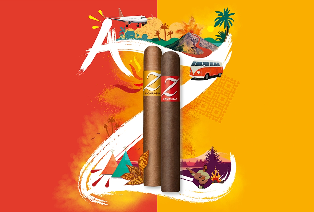  Zino Cigars Key Visual mit einem schwarz-gelben Hintergrund und einem grossen Z, auf dem verschiedene grafische Elemente abgebildet sind. 