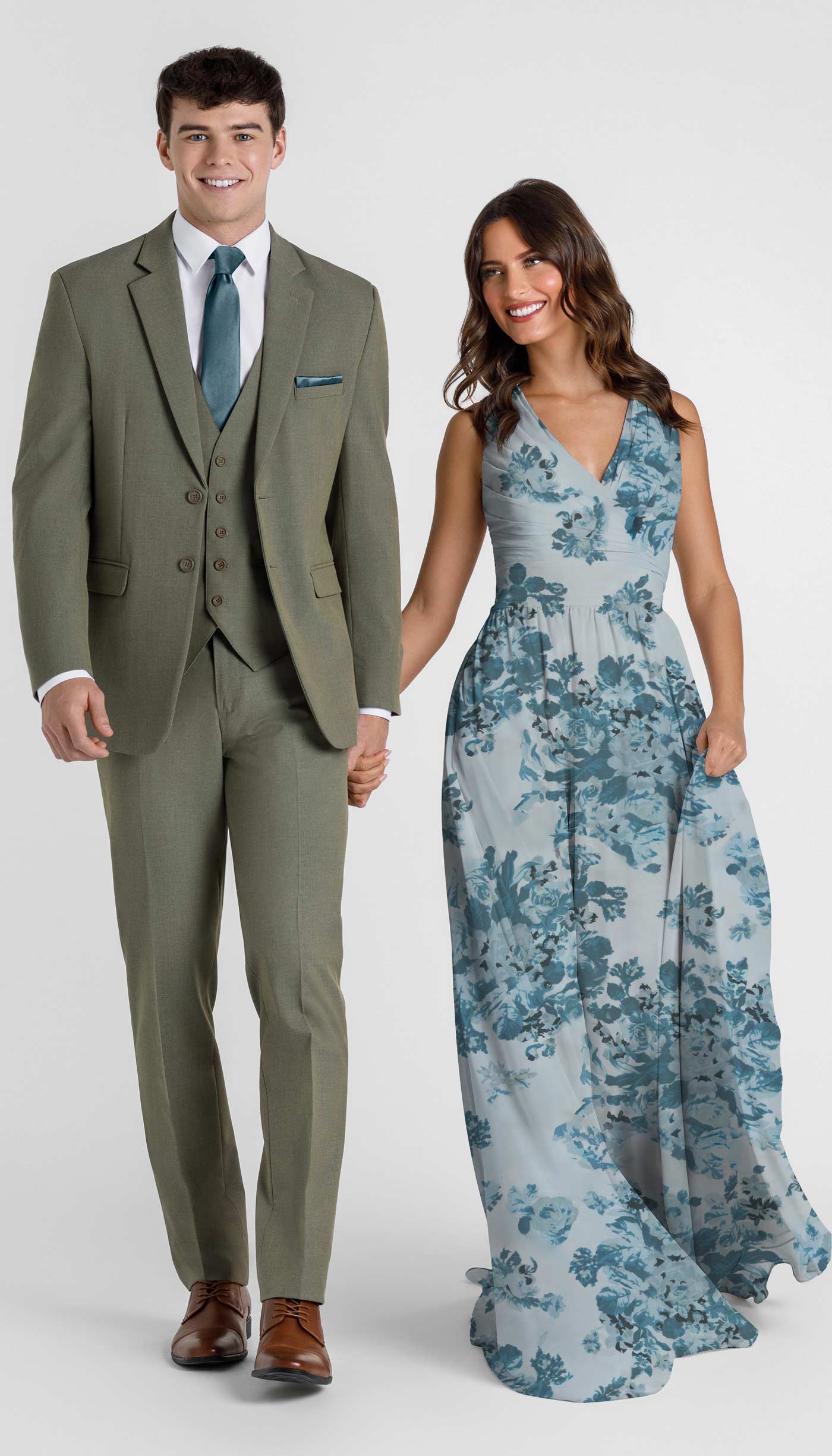 Sage Suit + Blue Floral Bridesmaid Dress