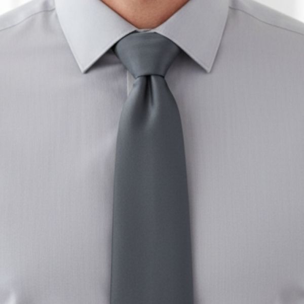 Closeup of a man wearing a dark gray tie with light gray shirt