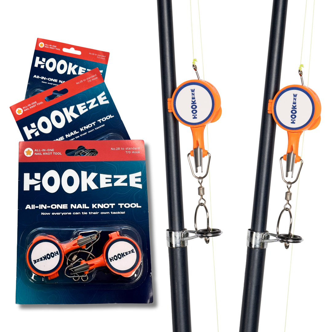 HOOK-EZE Knot Tying Tool Cover Hooks on 4 Fishing Poles