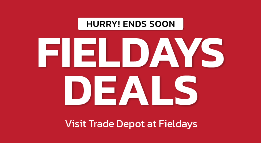 Red promotional banner for Fieldays deals at Trade Depot.