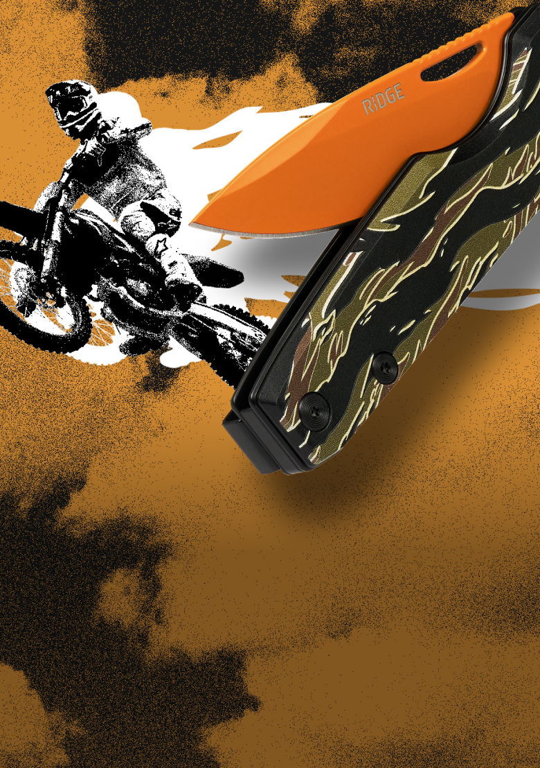 Motorcycle rider with a knife on a textured orange background.