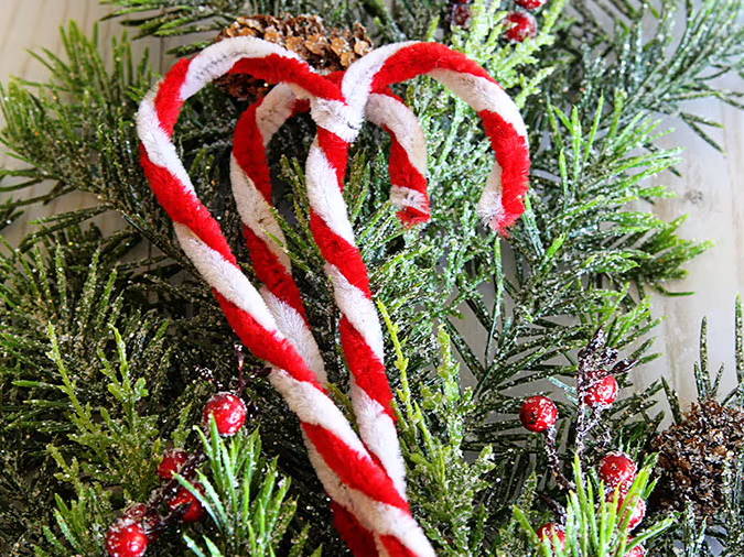 pipe cleaner candy canes on Christmas tree