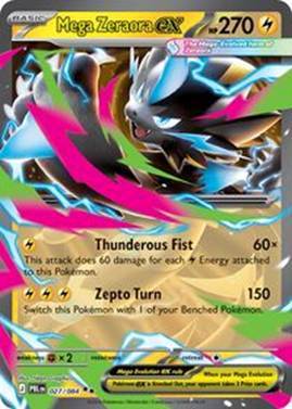 Mega Zeraora EX Pokémon card with attack details and energy requirements.