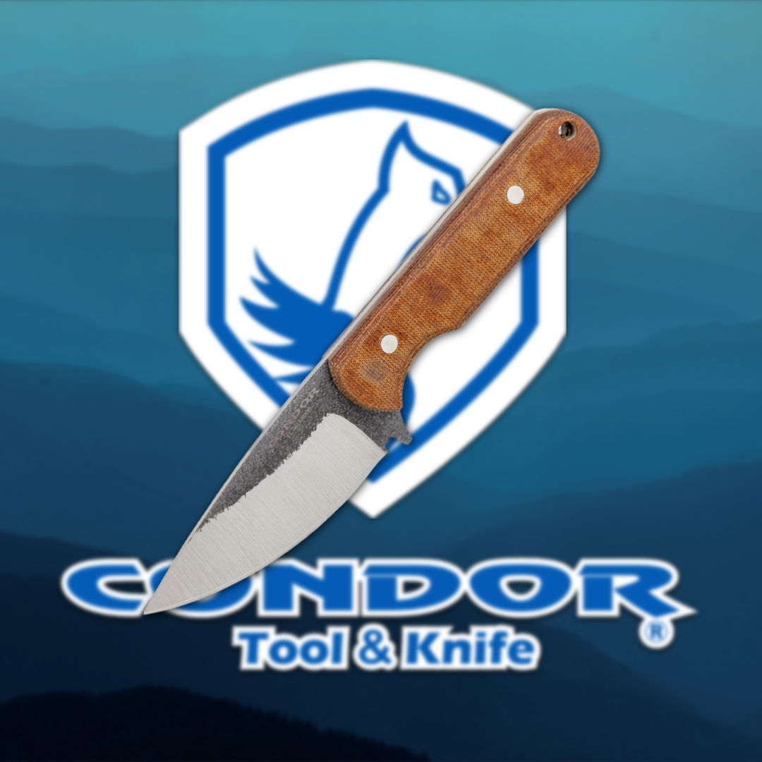 A knife with a wooden handle over a logo for Condor Tool & Knife.