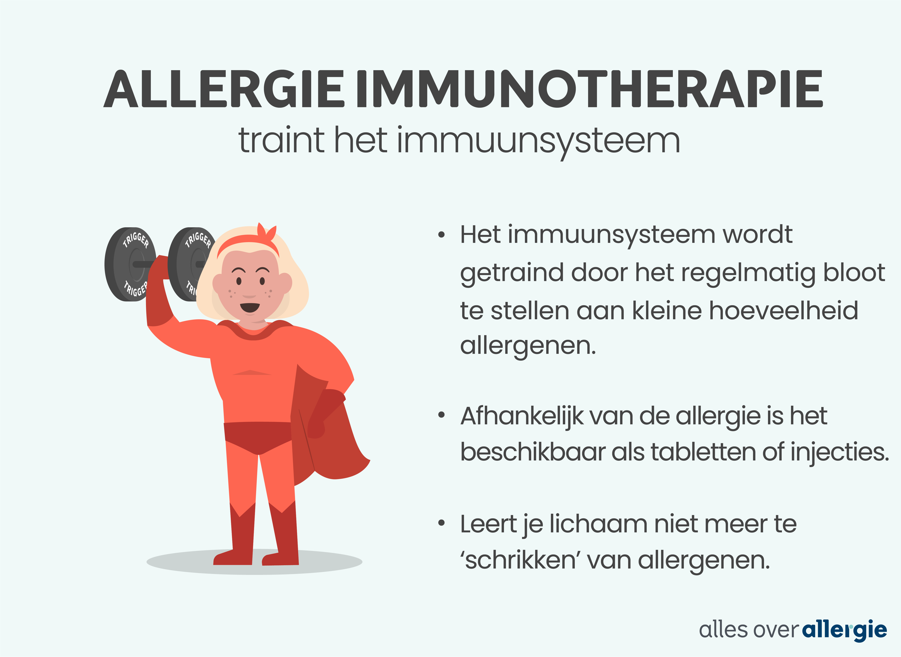  Infographic over allergie immunotherapie; dit is allergiemedicatie voor kinderen die het immuunsysteem traint en kan de allergieklachten verlichten. 