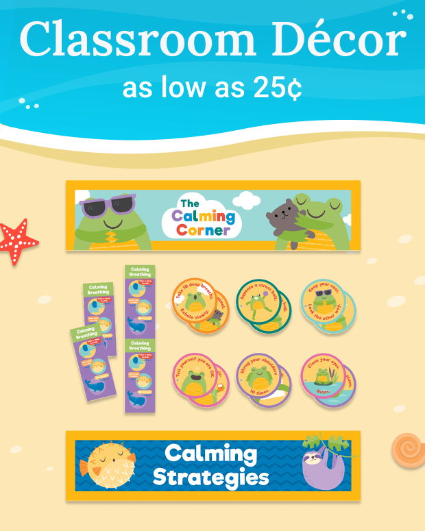 Classroom décor items including calming strategies and colorful designs.