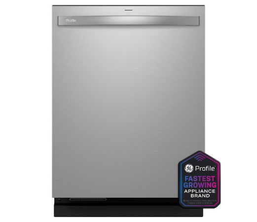 Silver dishwasher with a brand seal at the bottom right corner.