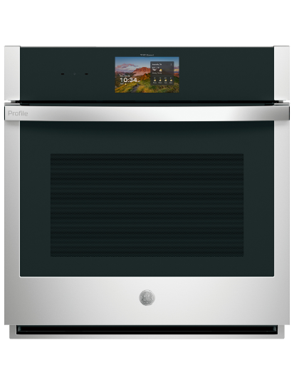 Modern oven with touchscreen display and stainless steel finish.