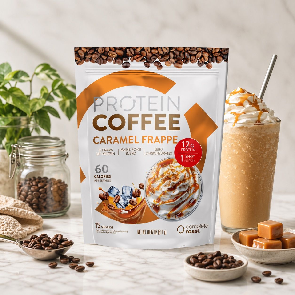 Protein coffee packet with caramel frappe, coffee beans, and drink in background.