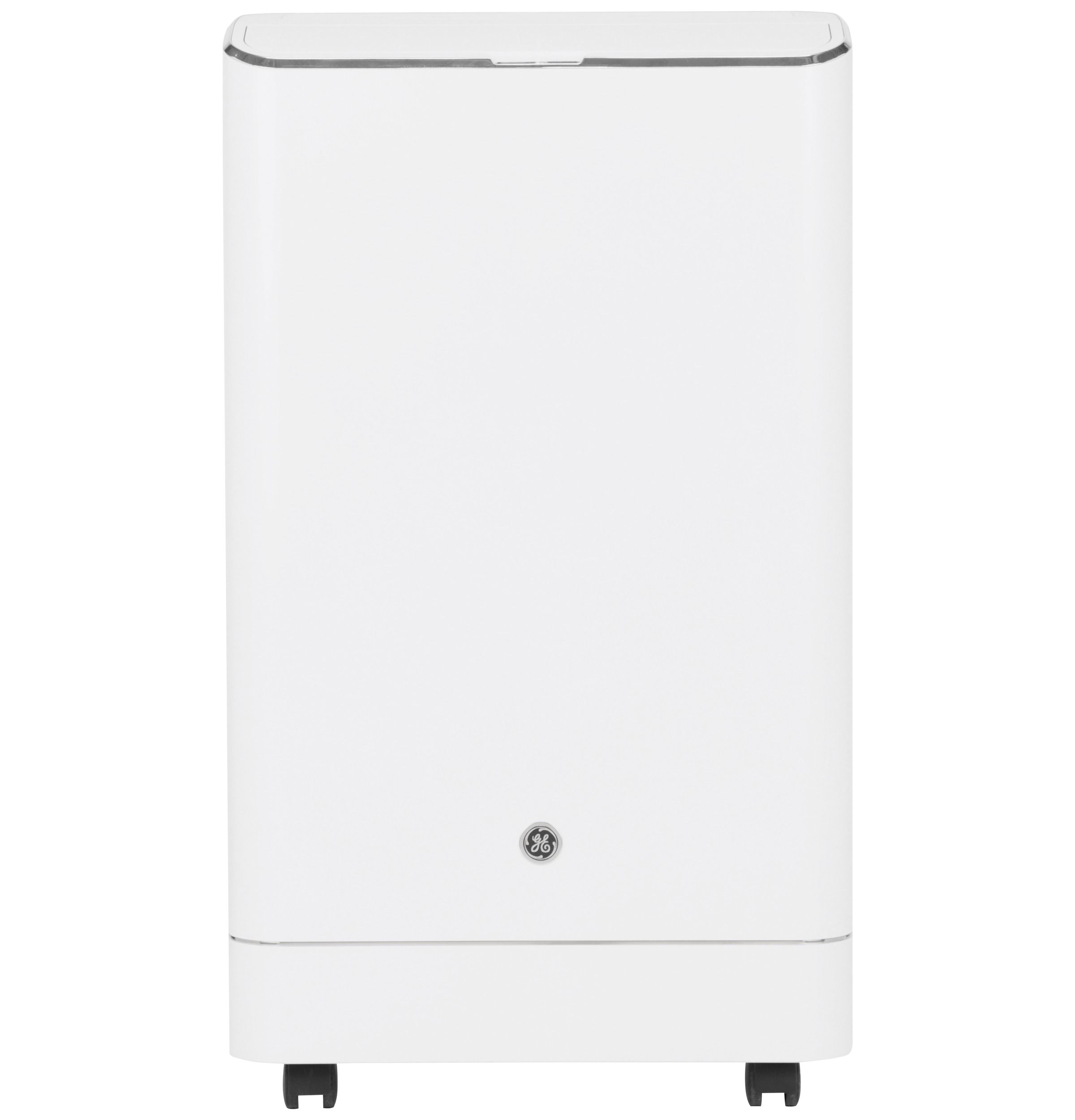 White appliance with a smooth surface and wheels at the bottom.
