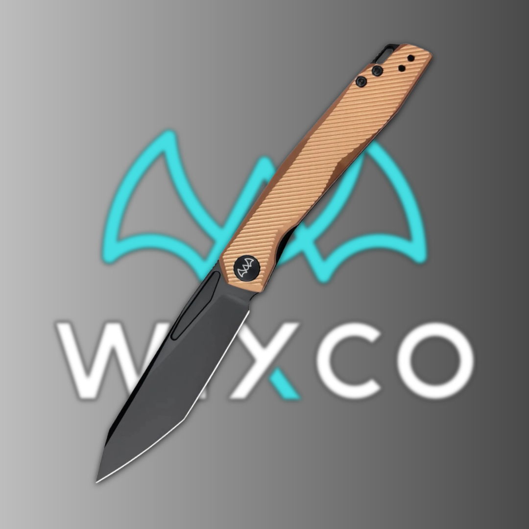 Folding knife with a black blade and wooden handle on a gradient background.