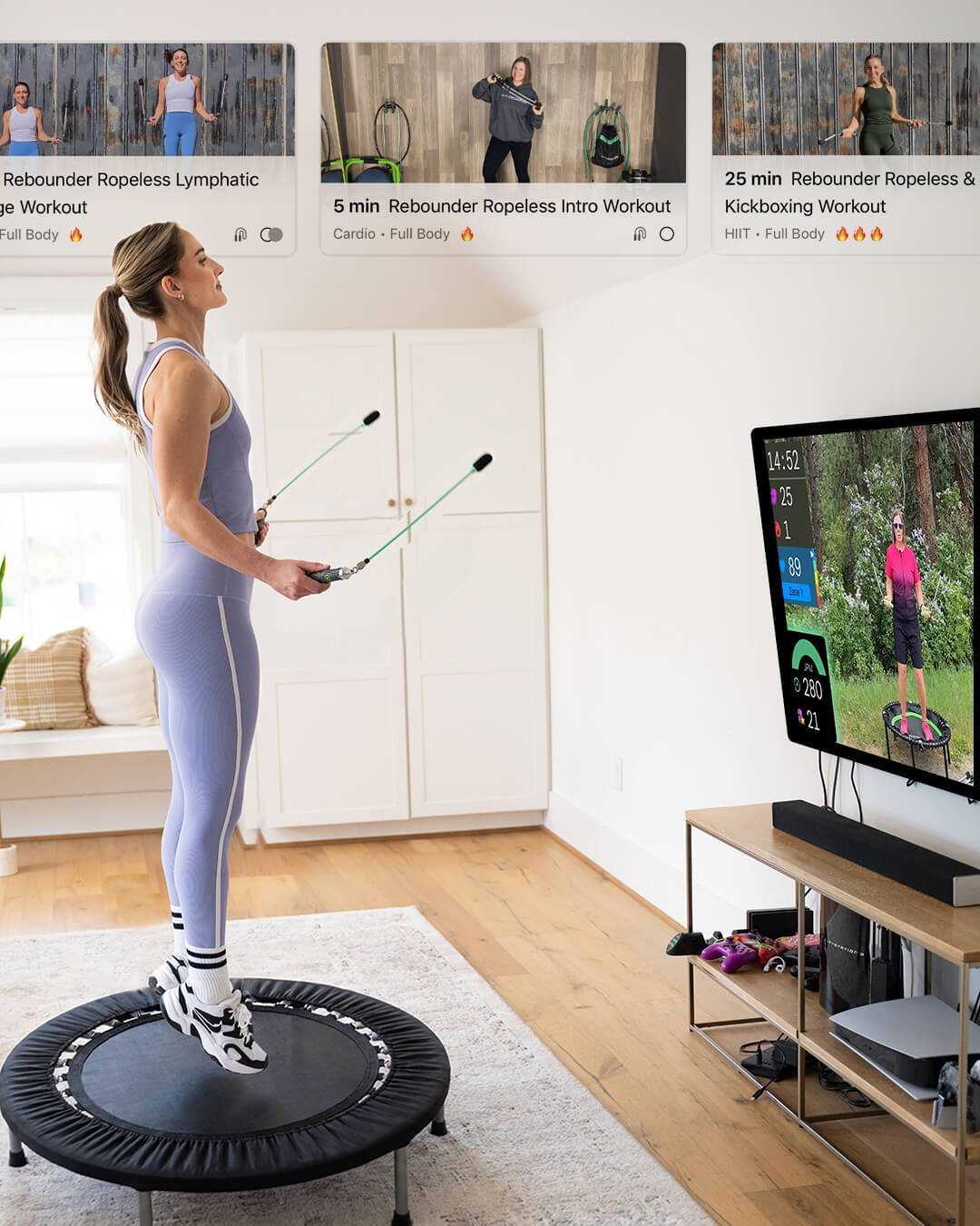 Woman jumping on a rebounder with Crossrope Ropeless indoors and app screens overlaid