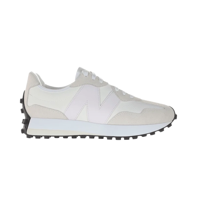 White and gray sneaker with a textured design and logo on the side.