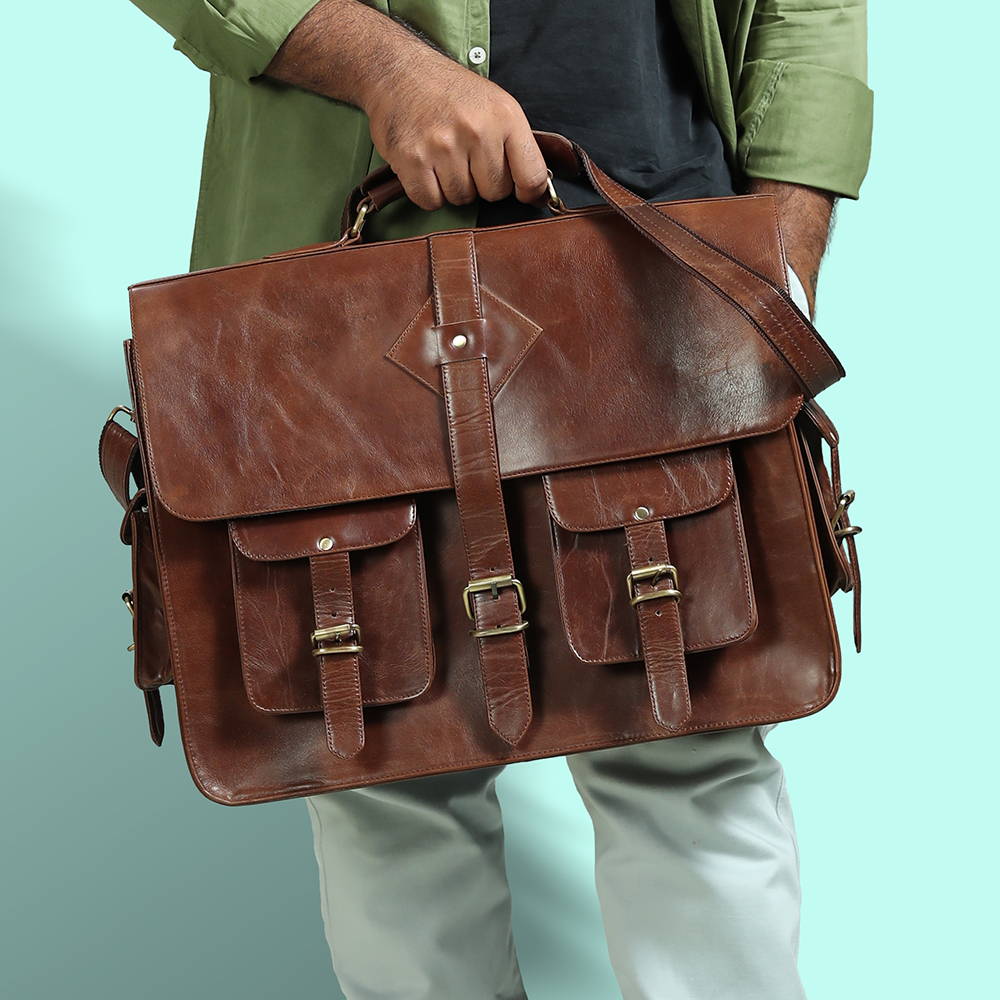 Men's Leather Messenger Briefcase Bag for Laptops - Vintage Satchel
