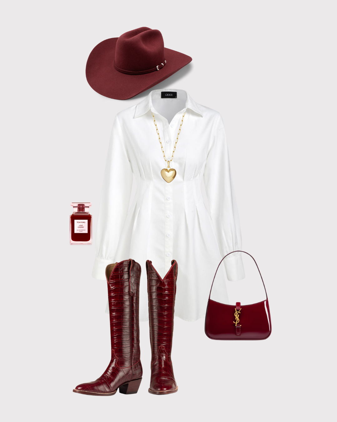 Outfit featuring a white dress, burgundy hat, boots, handbag, and perfume.
