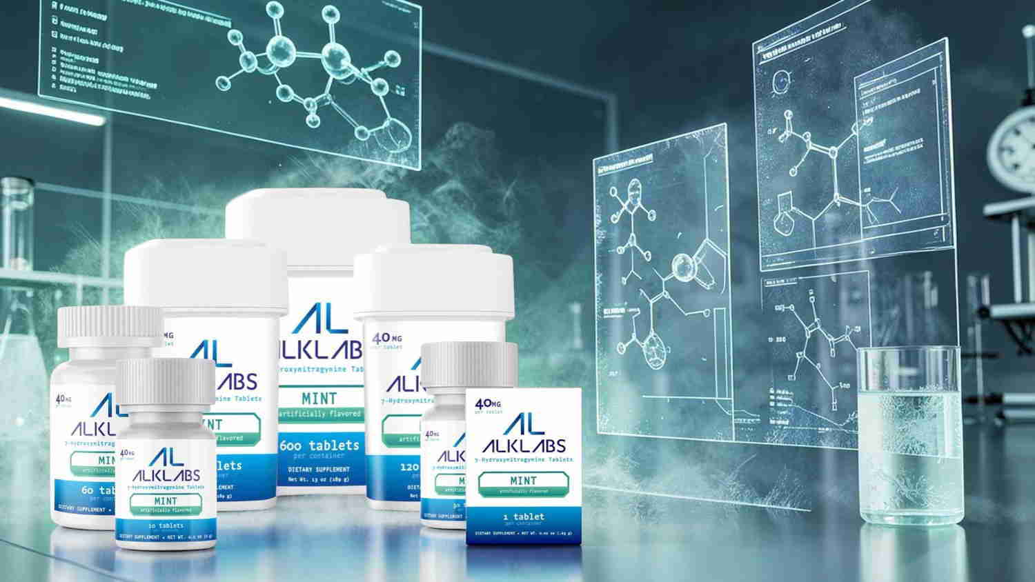 Bottles of medicine displayed against a digital background with scientific elements.